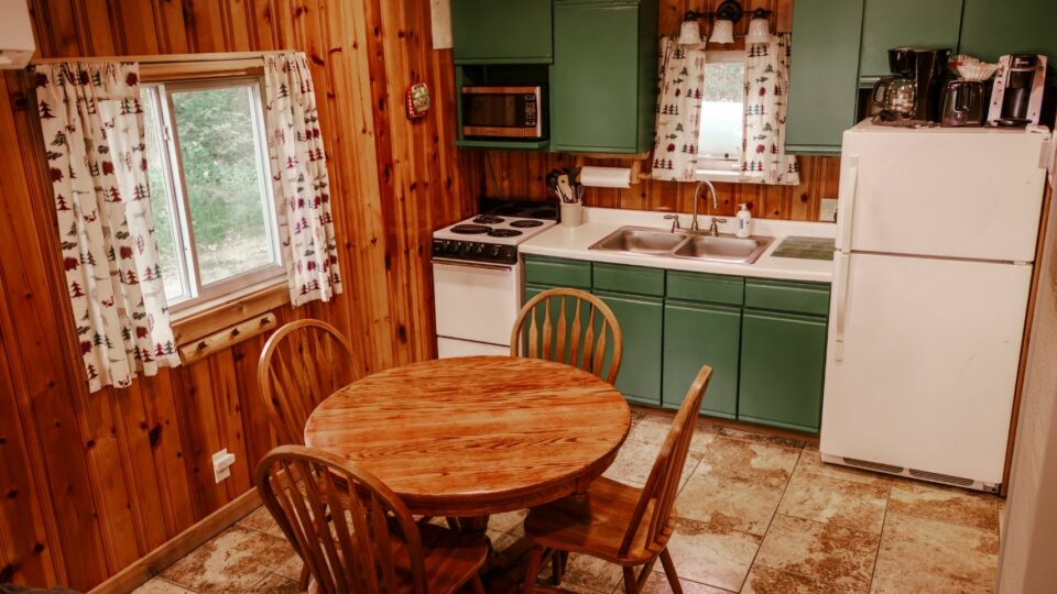 Kitchen and Dining room in a family cabin at Kohl's Resort.