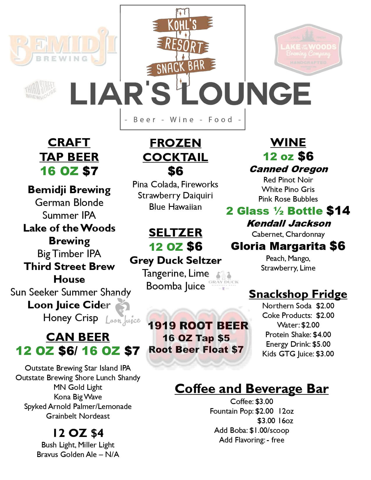 Kohls Liars Lounge 2024 Menu Drinks